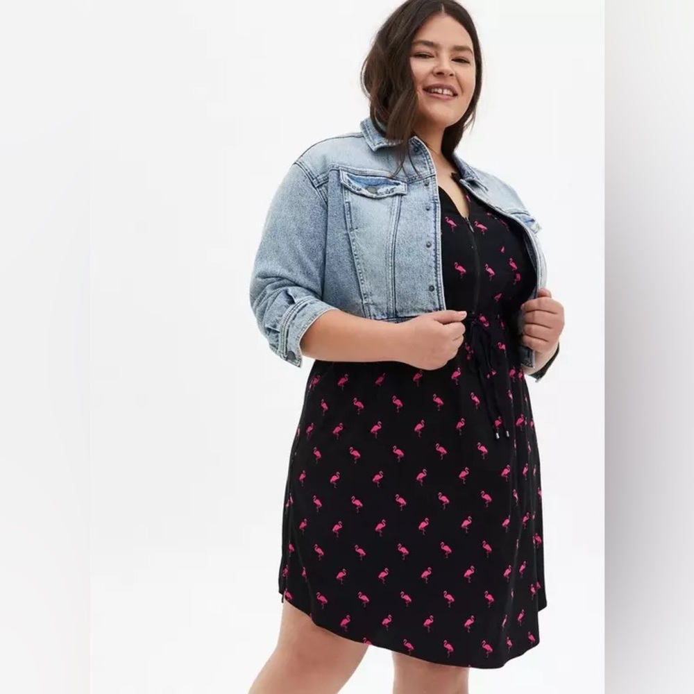 Torrid Black Pink Flamingo Zip Front Challis Shirt Dress Pockets 5X